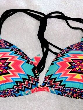 Malibu Multicolor Zigzag Print Bikini Top - Turquoise & Hot Pink
